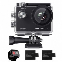 Dragon Touch 1080P WiFi Action Camera 30m Underwater Camera Vision 2 170° Wide Angle Sports Camera with Remote Control 2 Batt